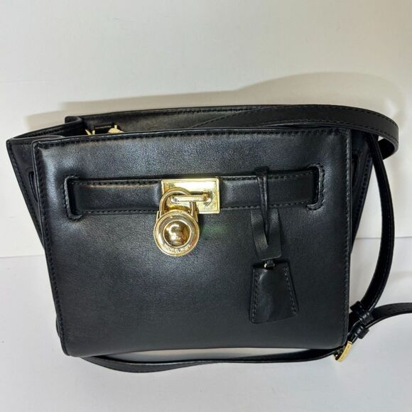 Michael Kors Black Leather Satchel Crossbody Bag Gold Lock Womens Designer Purse - Picture 2 of 7